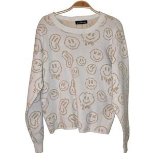 Social Scene Smiley Face Print Crew‎ Neck Pullover Sweater Medium